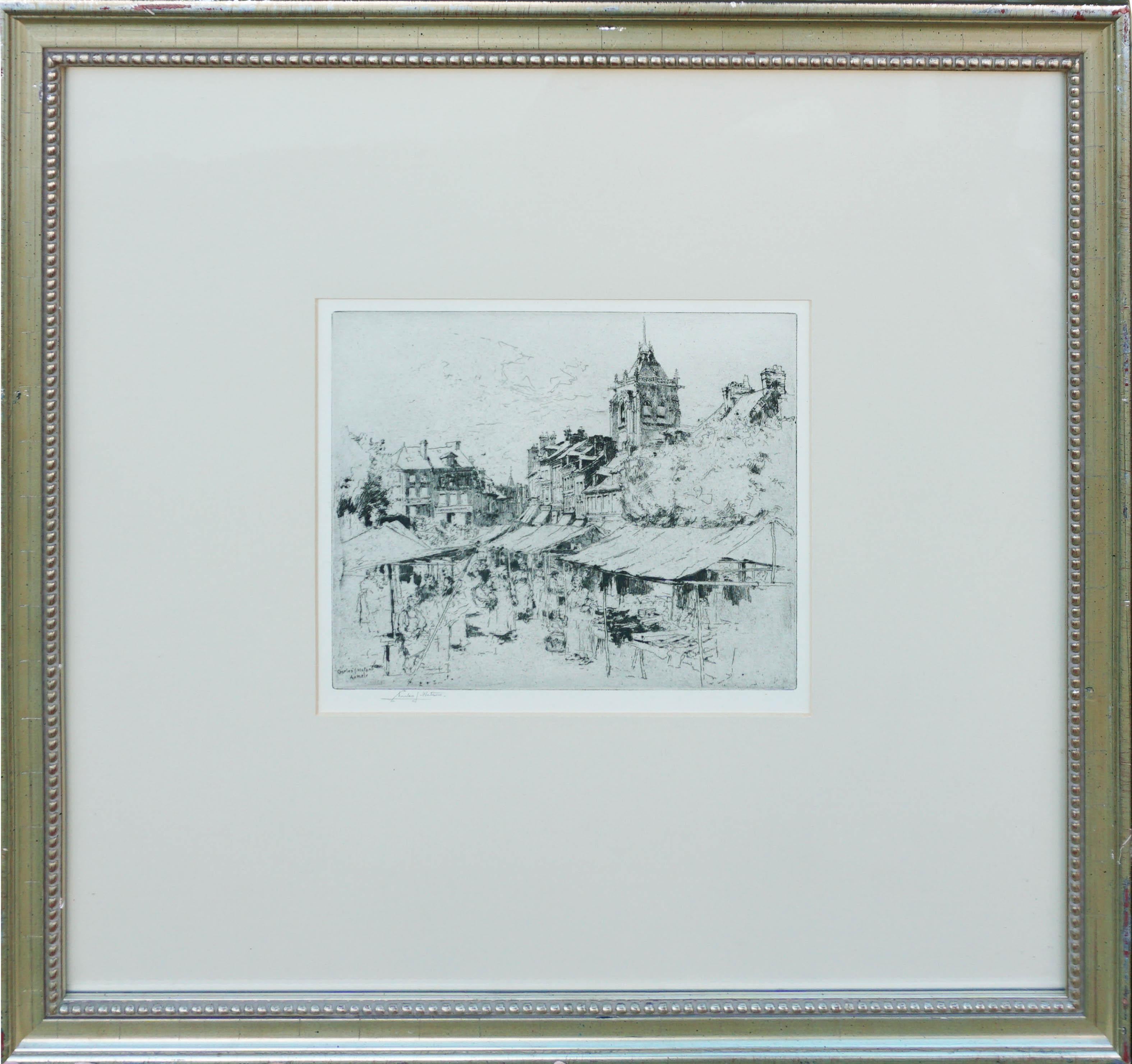 Charles John Watson Landscape Print – Aumale Französische Marktgravur des späten 19. Jahrhunderts
