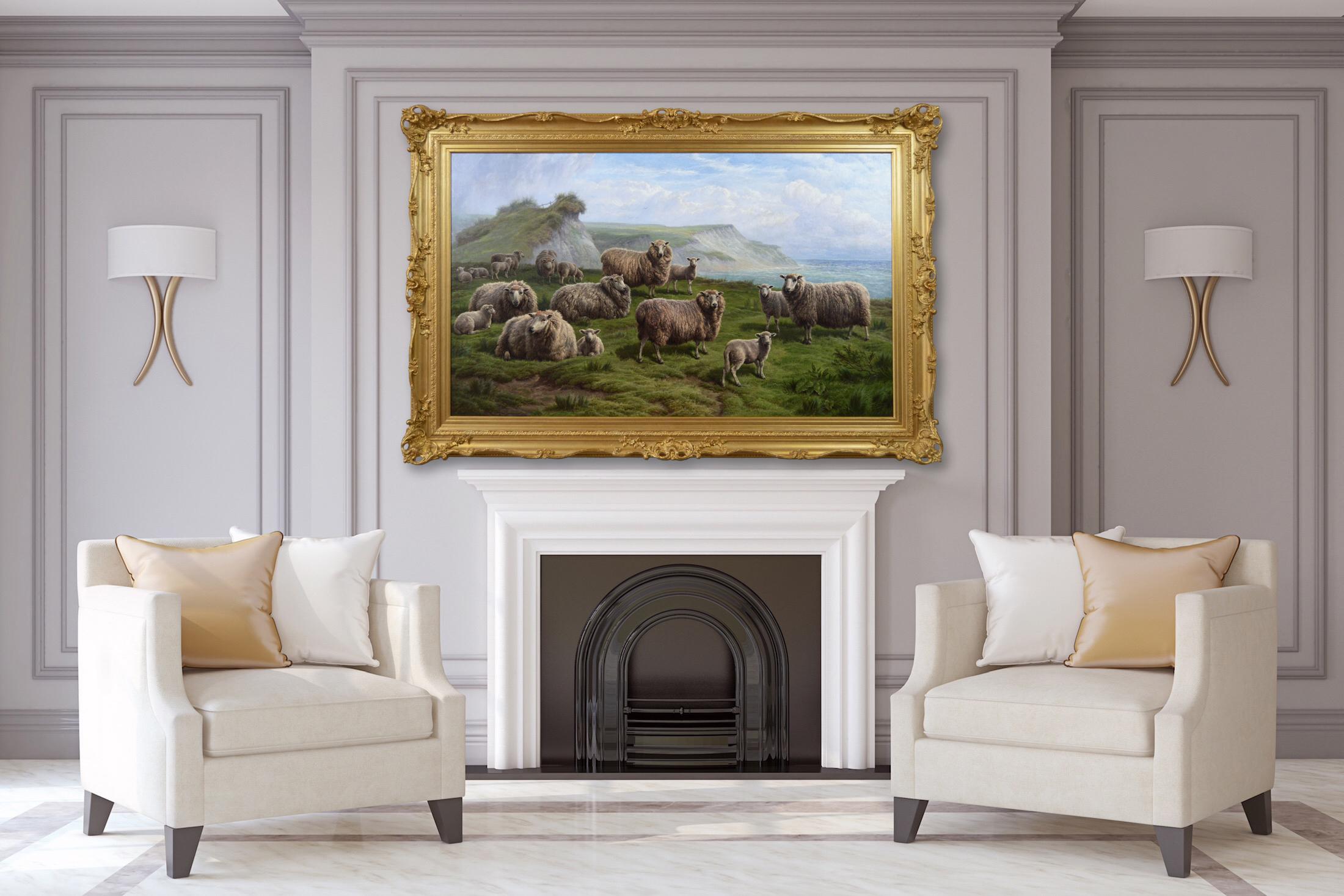 Peinture à l'huile de paysage du 19e siècle représentant des moutons sur une falaise en vente 7