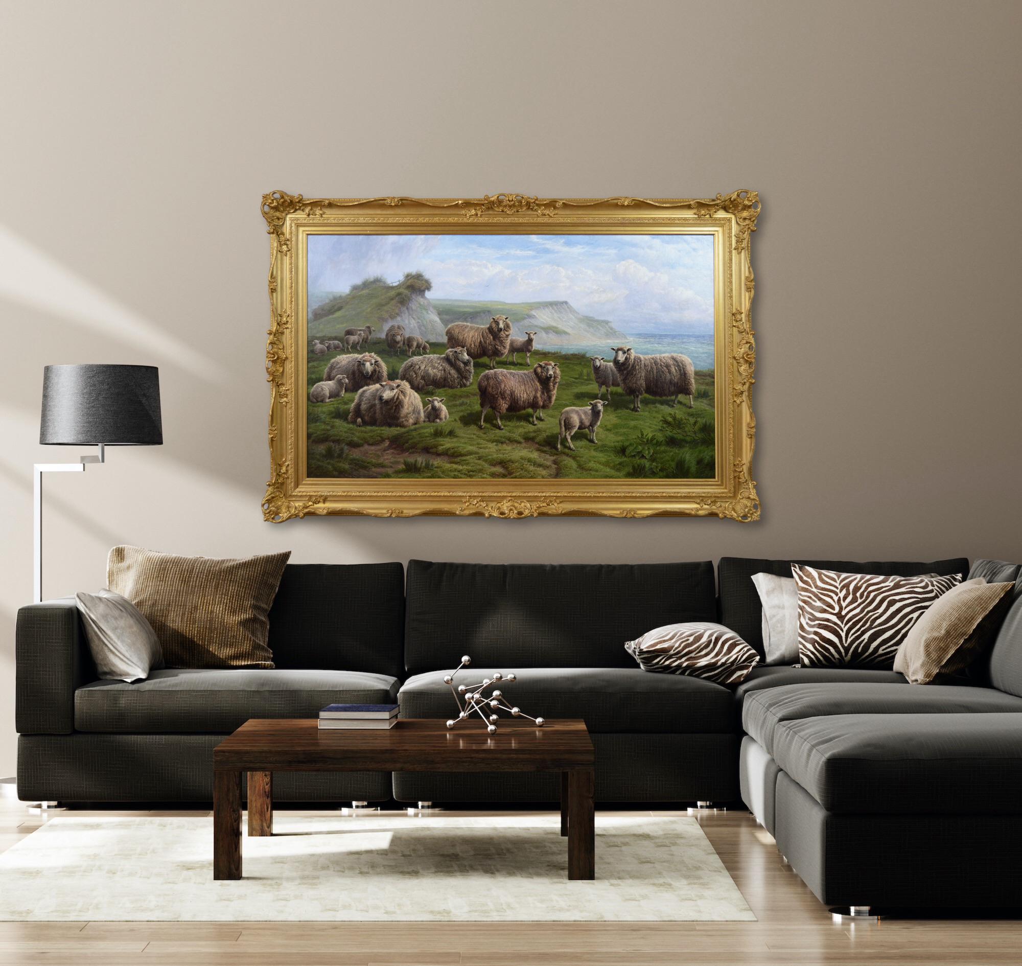 Peinture à l'huile de paysage du 19e siècle représentant des moutons sur une falaise en vente 7
