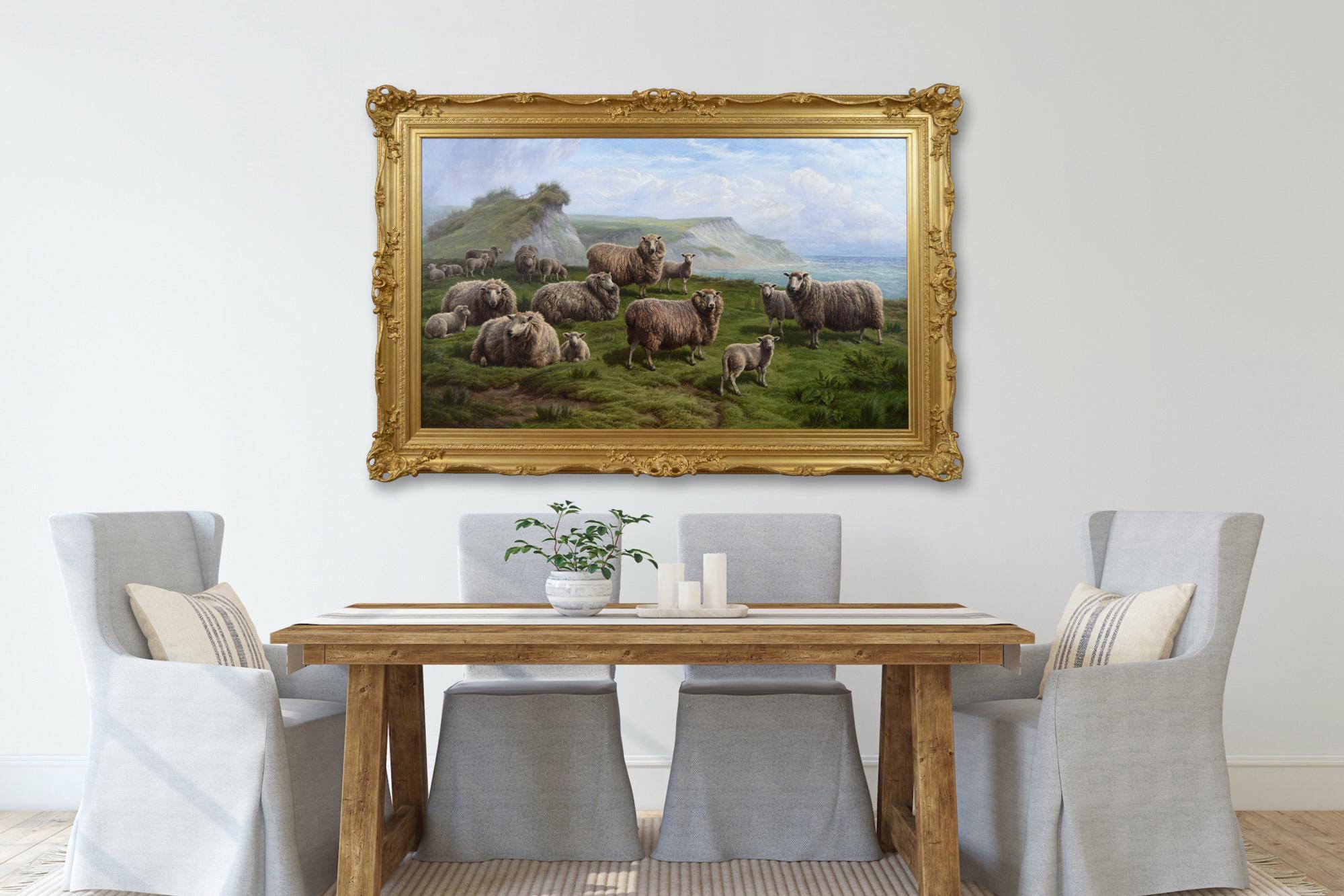 Peinture à l'huile de paysage du 19e siècle représentant des moutons sur une falaise en vente 9