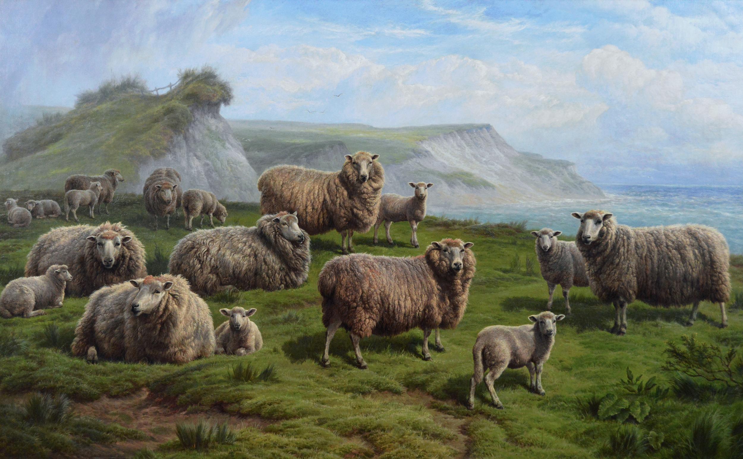 19th Century exhibition size landscape oil painting of Sheep on a cliff - Painting by Charles Jones (b.1836)