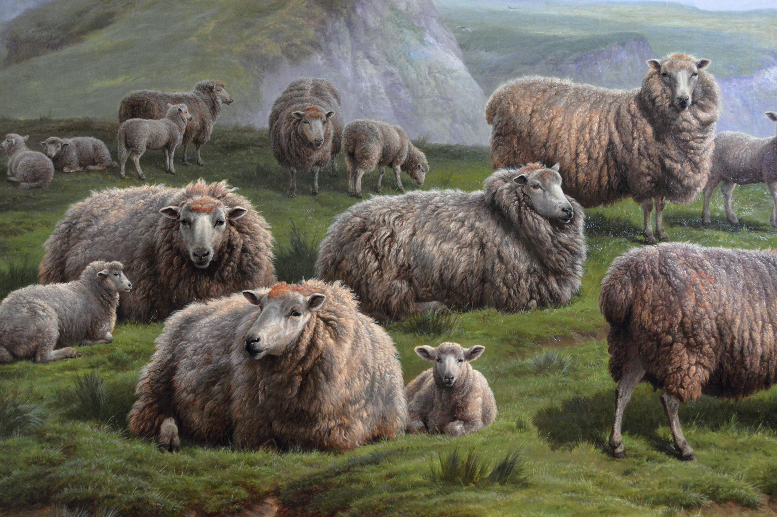 Peinture à l'huile de paysage du 19e siècle représentant des moutons sur une falaise - Marron Landscape Painting par Charles Jones (b.1836)