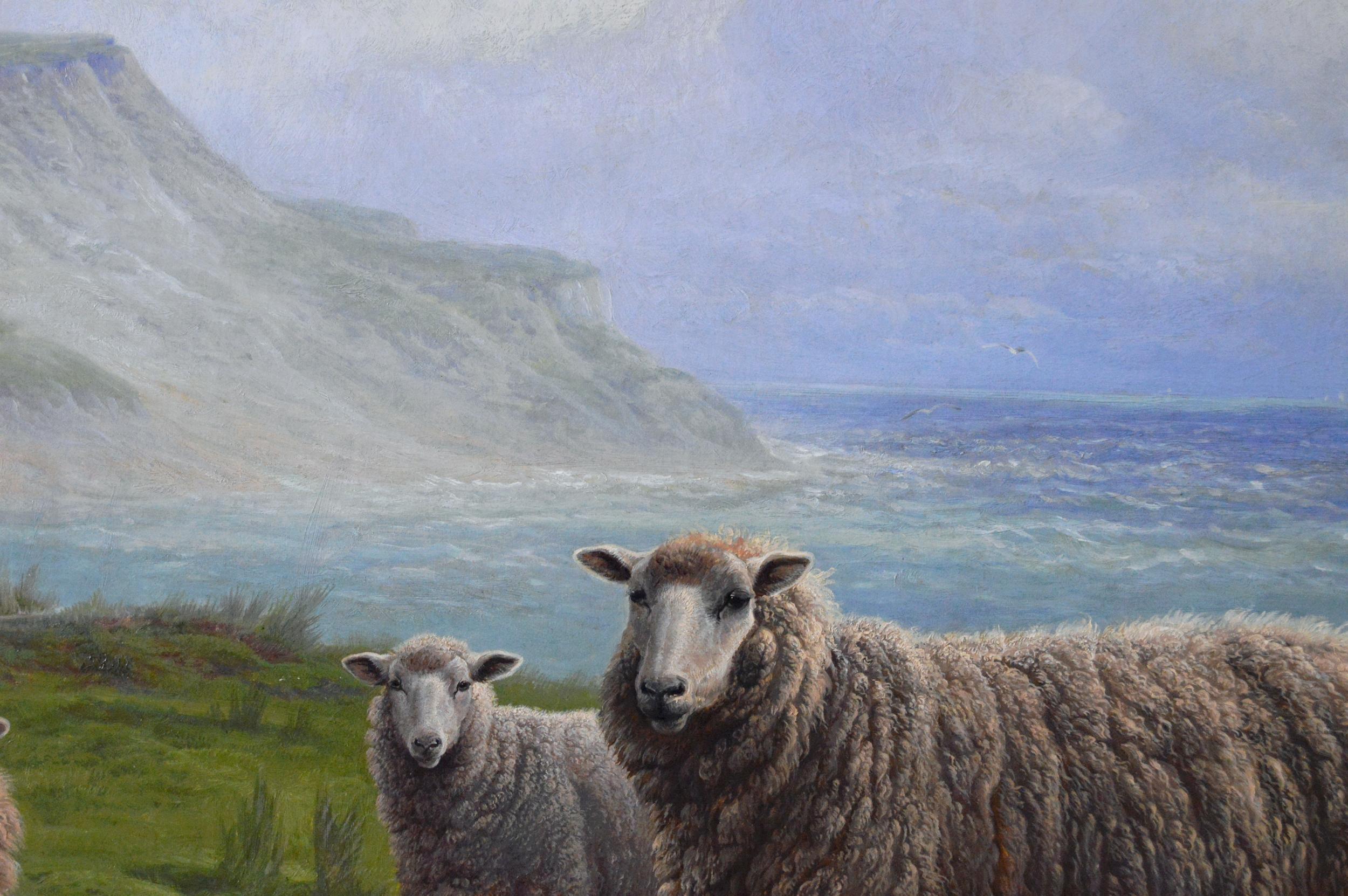 19th Century exhibition size landscape oil painting of Sheep on a cliff - Victorian Painting by Charles Jones (b.1836)