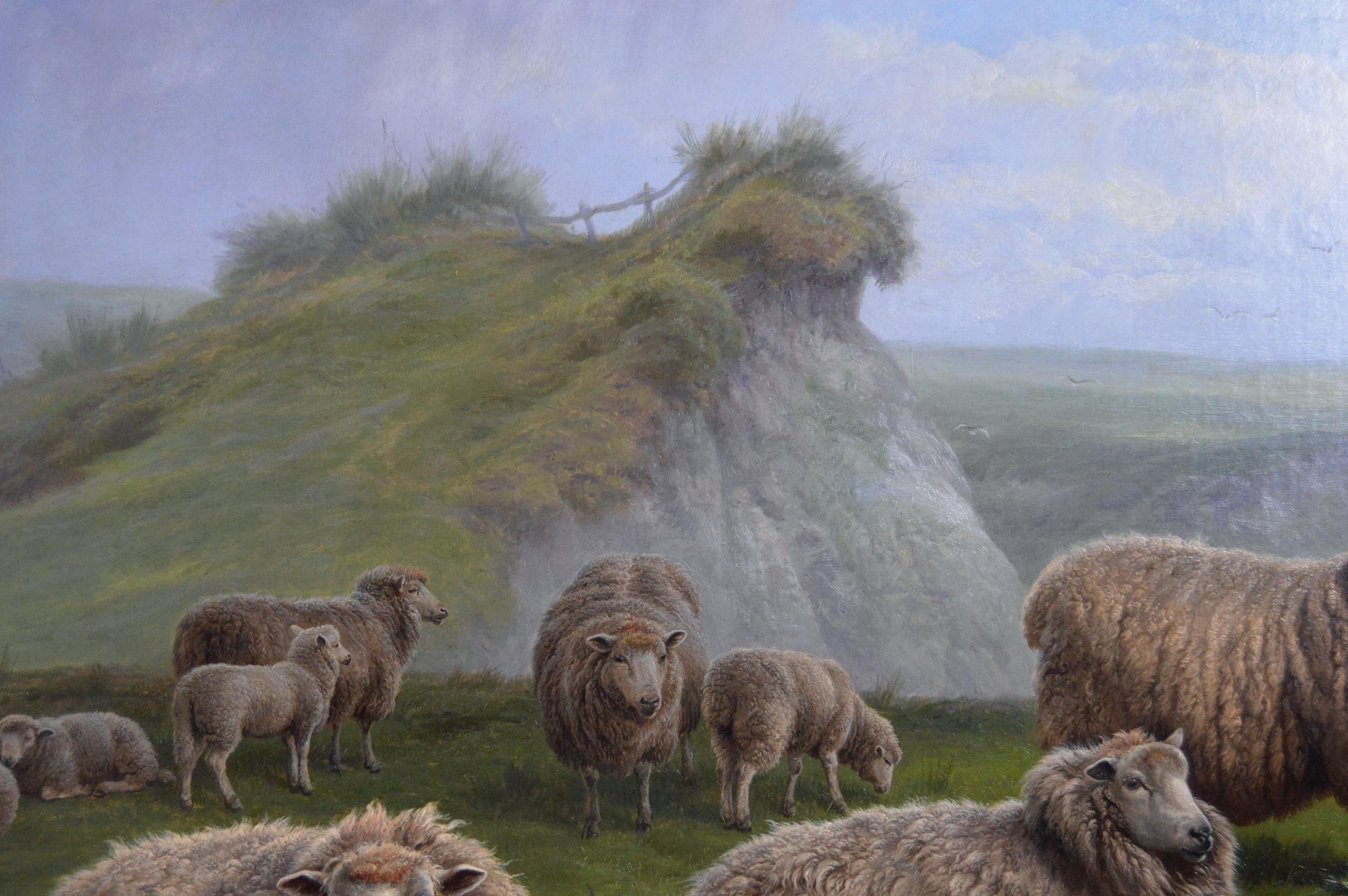 Peinture à l'huile de paysage du 19e siècle représentant des moutons sur une falaise en vente 3