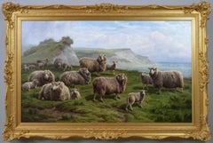 19th Century exhibition size landscape oil painting of Sheep on a cliff