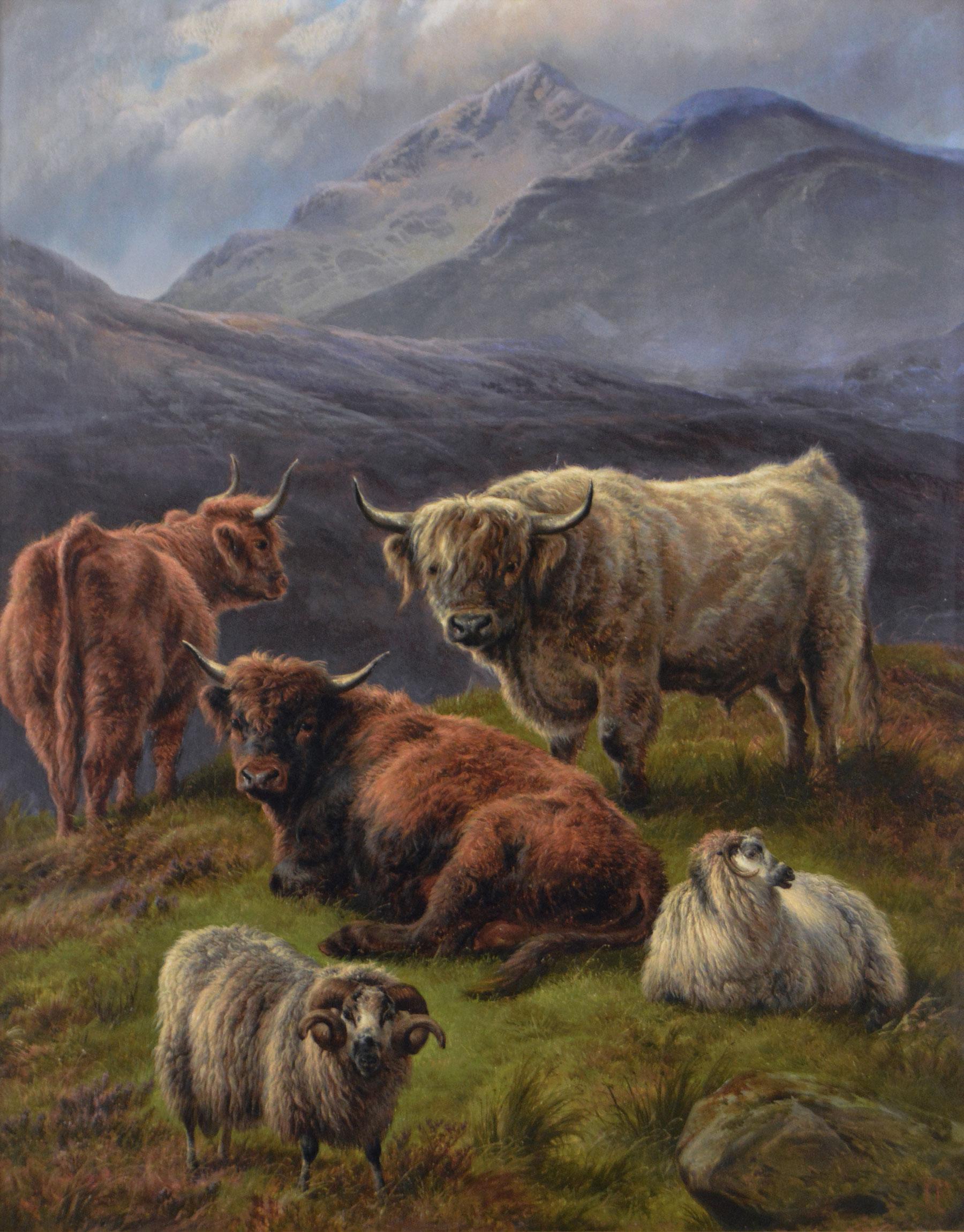 Peinture à l'huile du 19e siècle représentant des bovins et des moutons dans les Highlands - Painting de Charles Jones (b.1836)