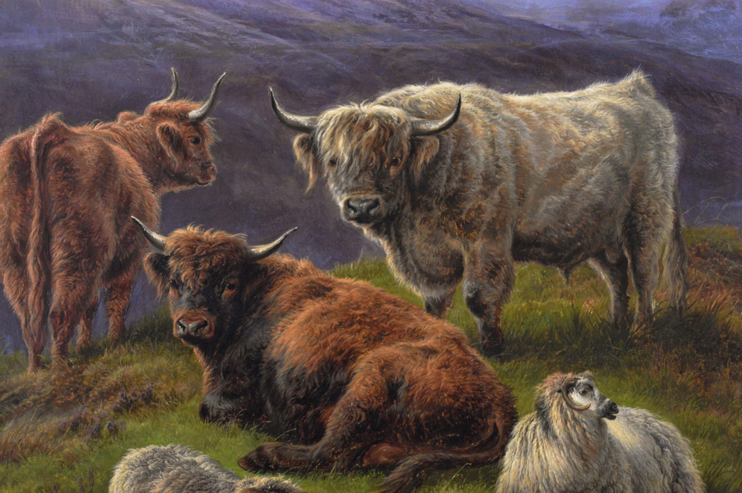Peinture à l'huile du 19e siècle représentant des bovins et des moutons dans les Highlands - Victorien Painting par Charles Jones (b.1836)