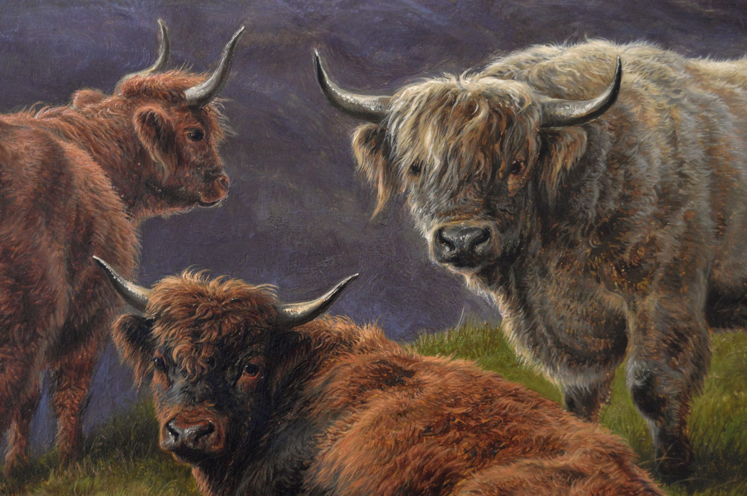 Peinture à l'huile du 19e siècle représentant des bovins et des moutons dans les Highlands - Marron Animal Painting par Charles Jones (b.1836)