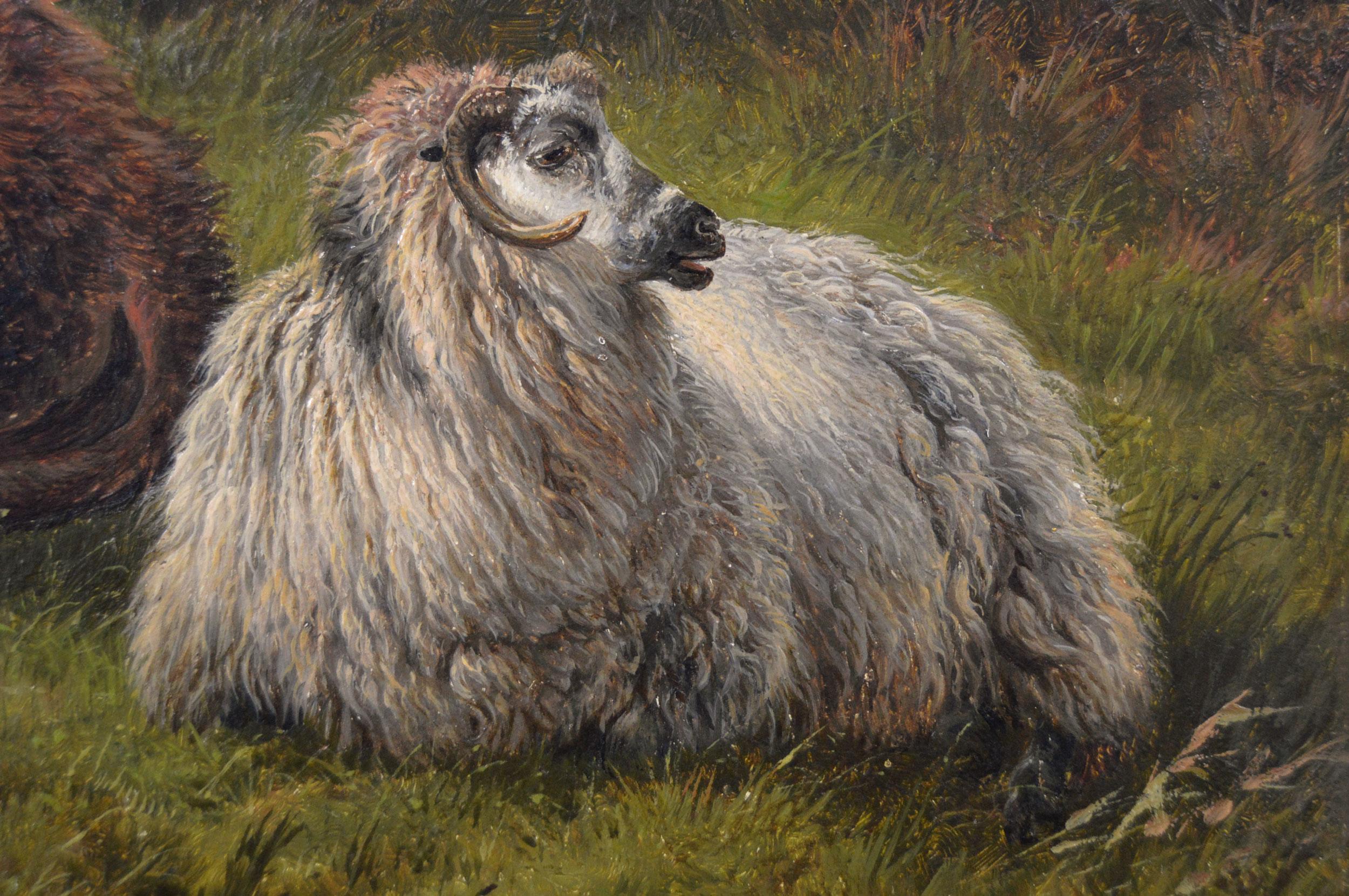 Peinture à l'huile du 19e siècle représentant des bovins et des moutons dans les Highlands en vente 1