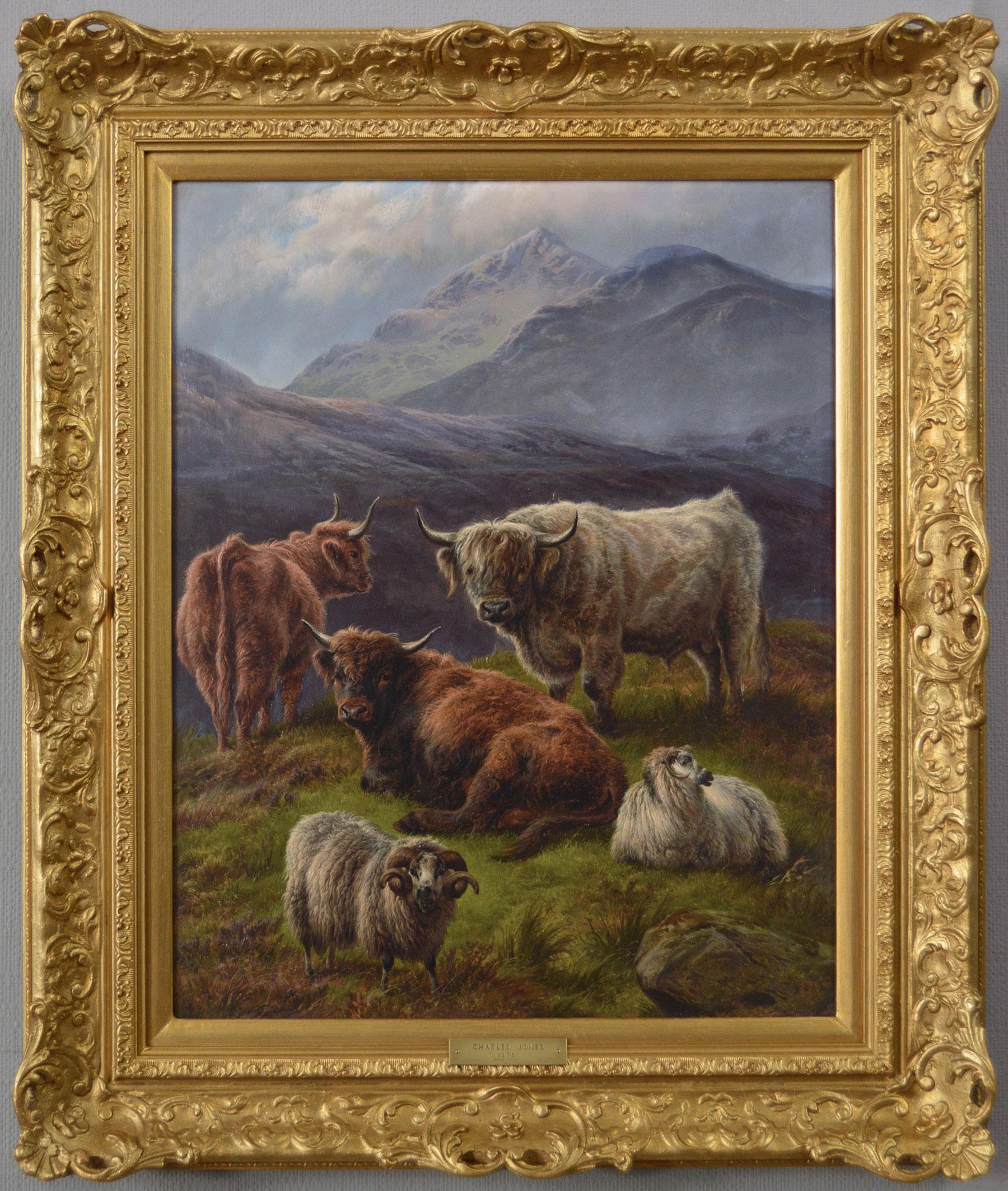 Animal Painting Charles Jones (b.1836) - Peinture à l'huile du 19e siècle représentant des bovins et des moutons dans les Highlands