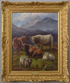 Antique 19th Century landscape oil painting of cattle & sheep in the Highlands