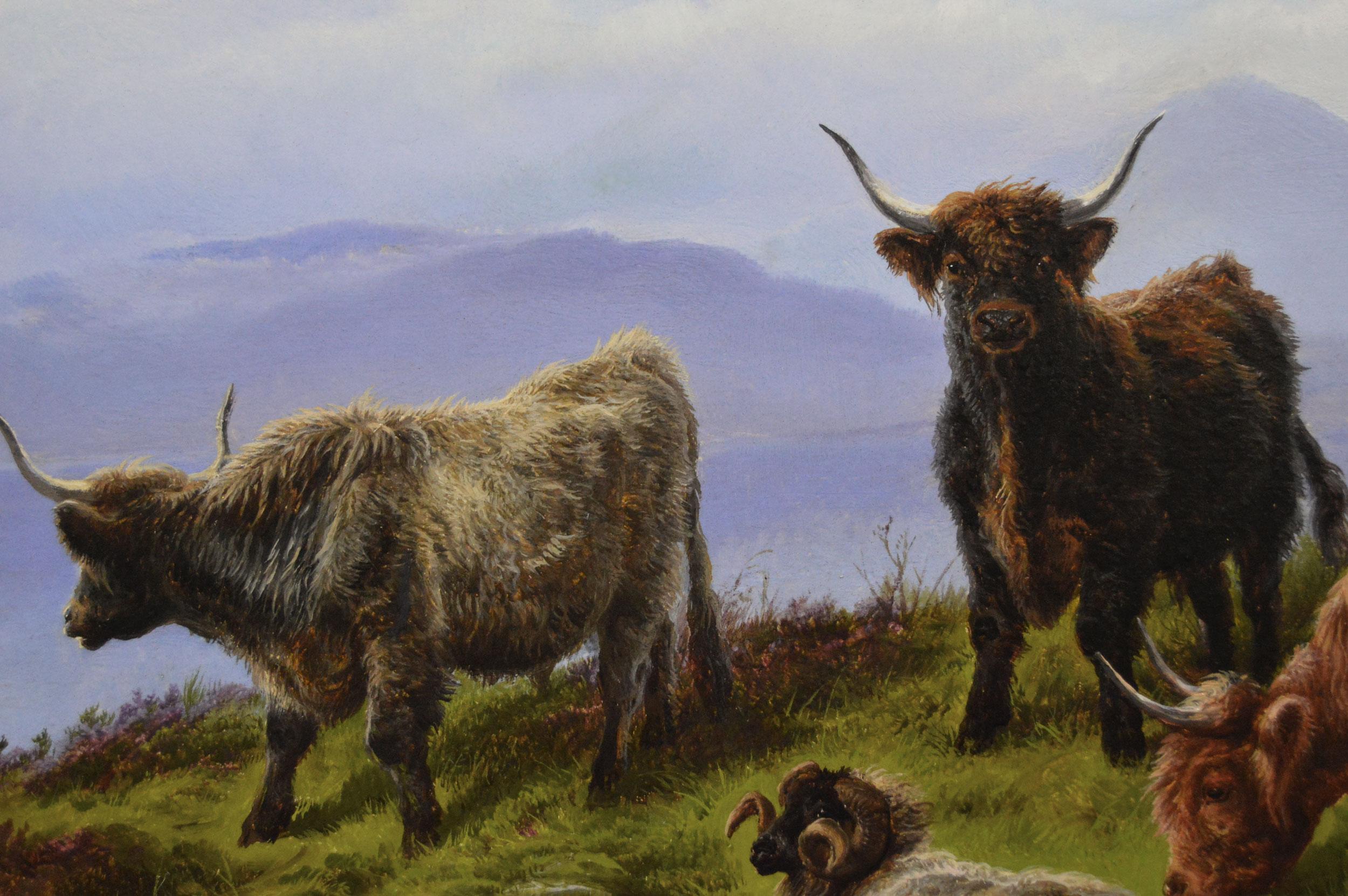 Paisaje al óleo del siglo XIX de ganado y ovejas de las Highlands cerca de un lago - Painting de Charles Jones (b.1836)