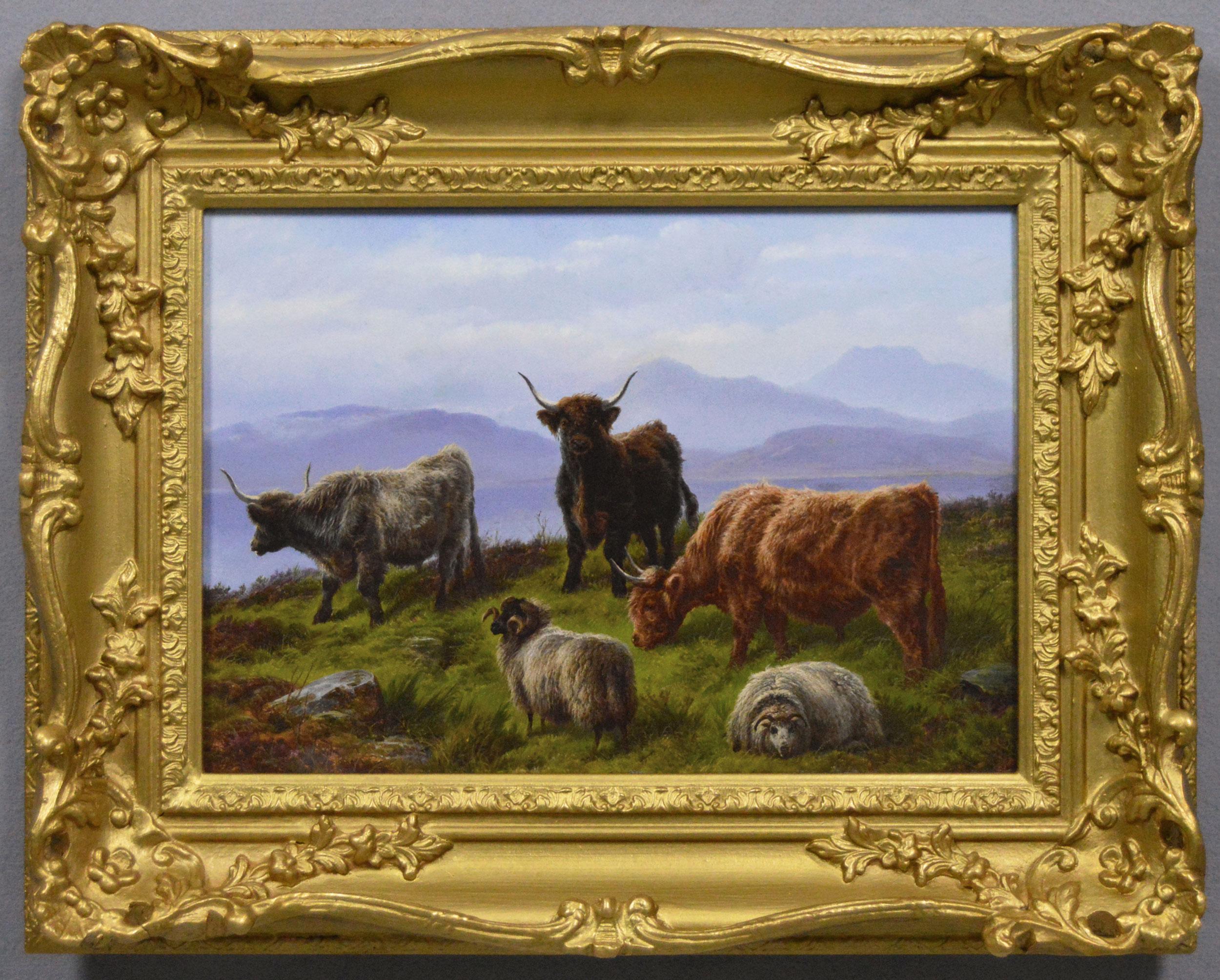 Paesaggio del XIX secolo dipinto ad olio con bovini e pecore delle Highlands vicino ad un lago