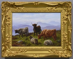 Paisaje al óleo del siglo XIX de ganado y ovejas de las Highlands cerca de un lago