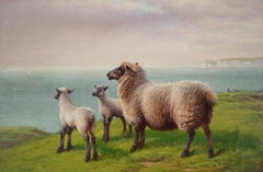19th Century landscape oil painting of sheep grazing on a clifftop