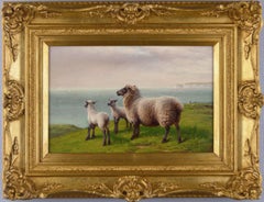 19th Century landscape oil painting of sheep grazing on a clifftop