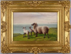 Vintage 19th Century landscape oil painting of sheep grazing on a clifftop