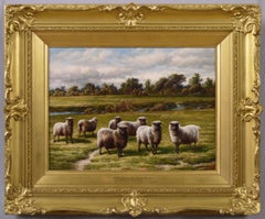 19th Century landscape oil painting of Sheep in a meadow