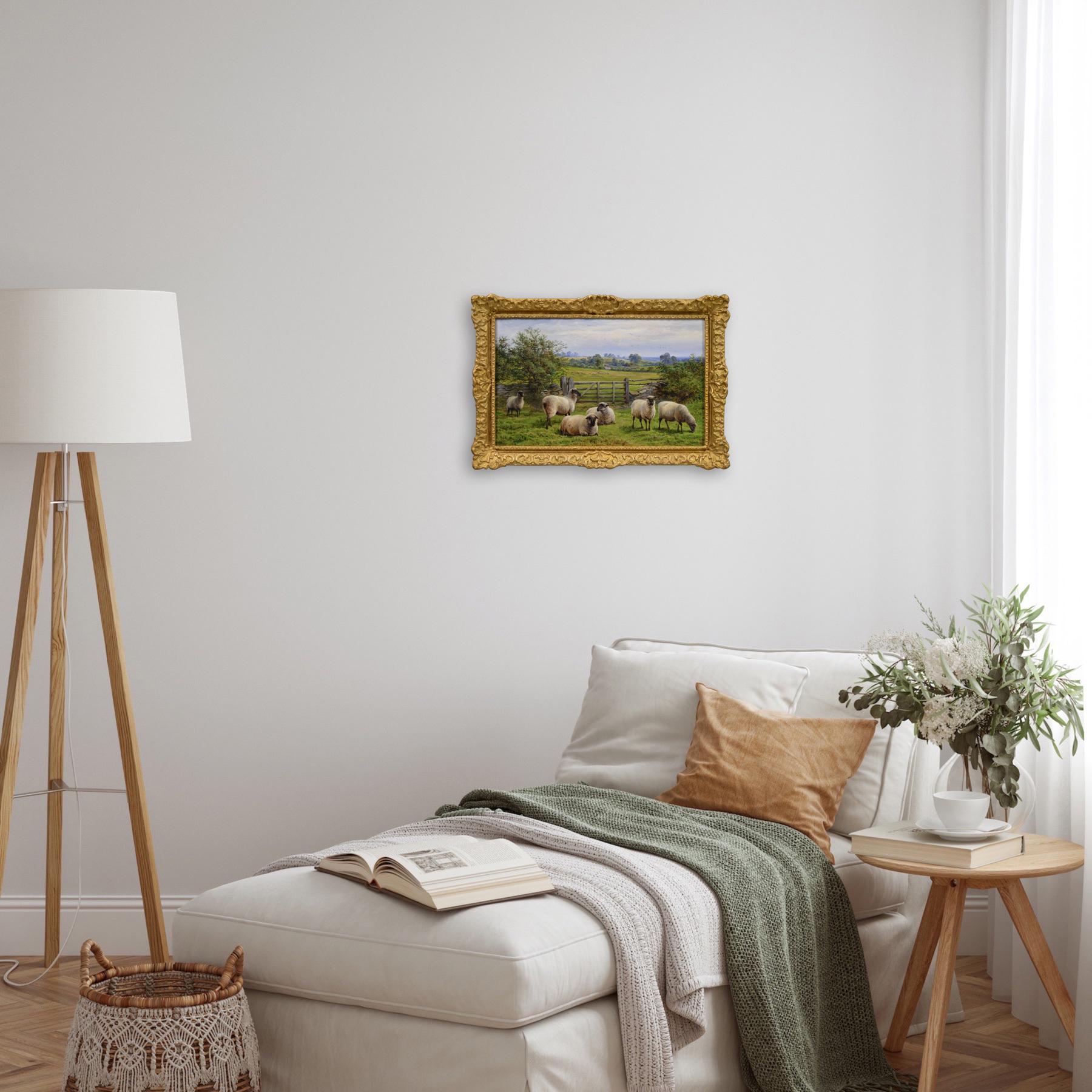 Peinture à l'huile du 19e siècle représentant des moutons près d'une porte de cinq bars 5