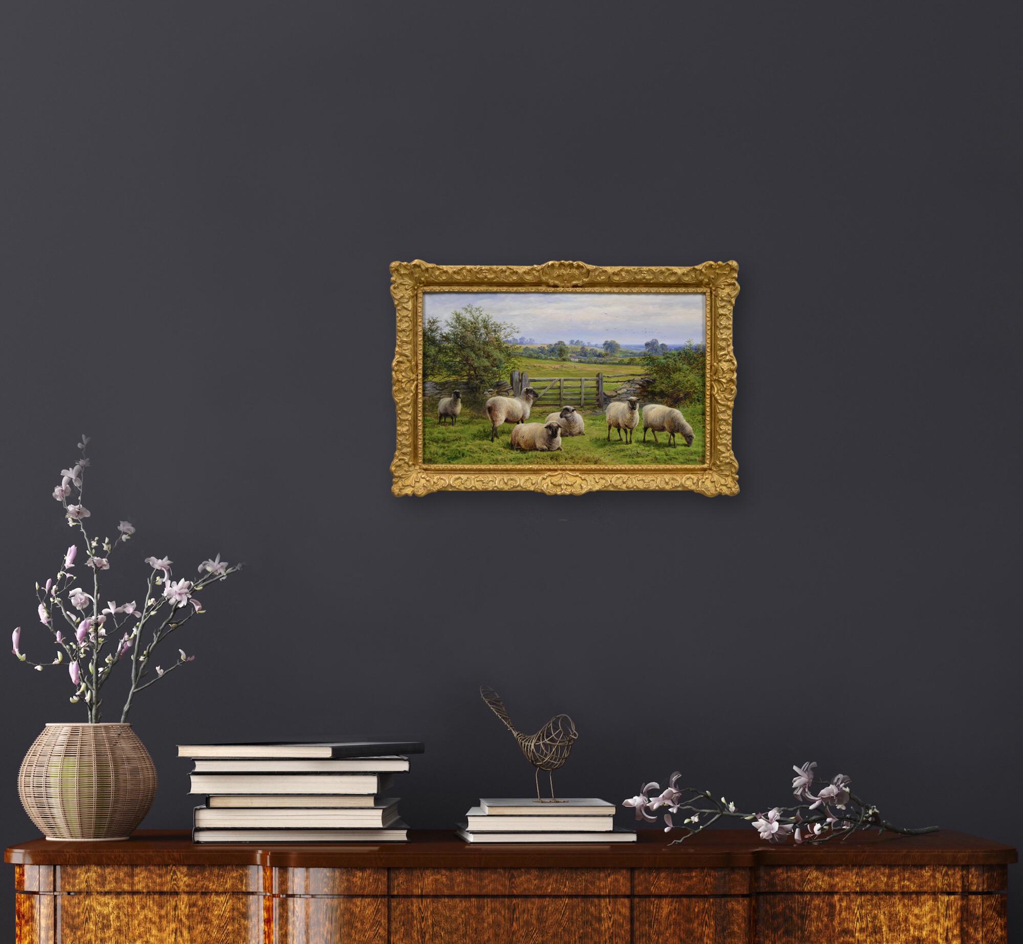 Peinture à l'huile du 19e siècle représentant des moutons près d'une porte de cinq bars 6
