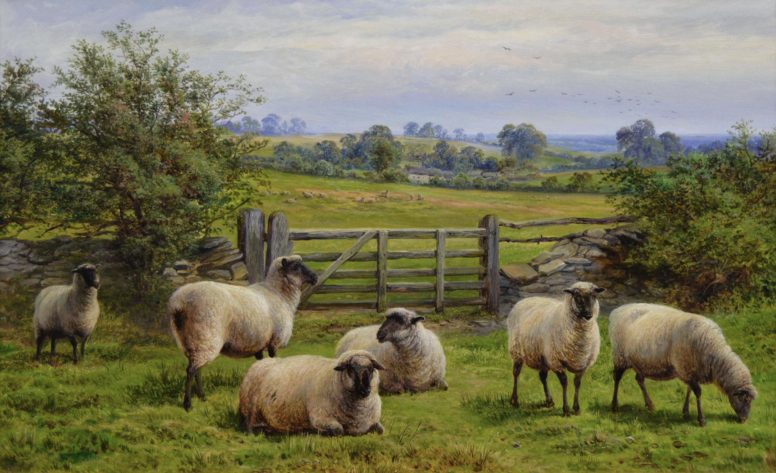 19th Century landscape oil painting of sheep near a five bar gate - Painting by Charles Jones (b.1836)