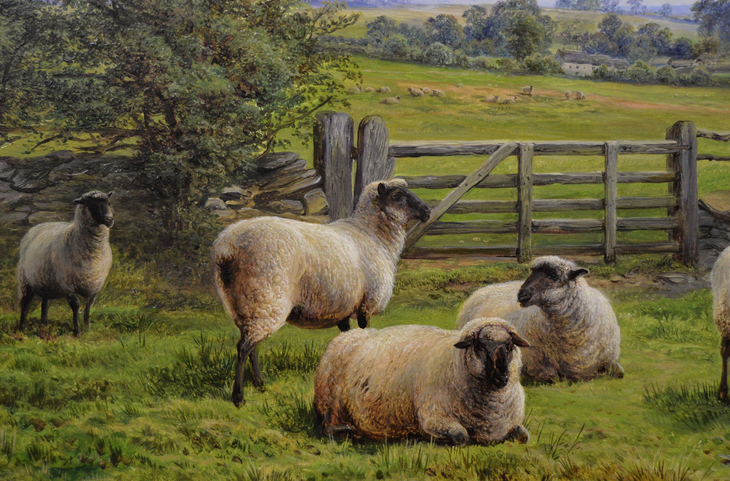 19th Century landscape oil painting of sheep near a five bar gate - Victorian Painting by Charles Jones (b.1836)