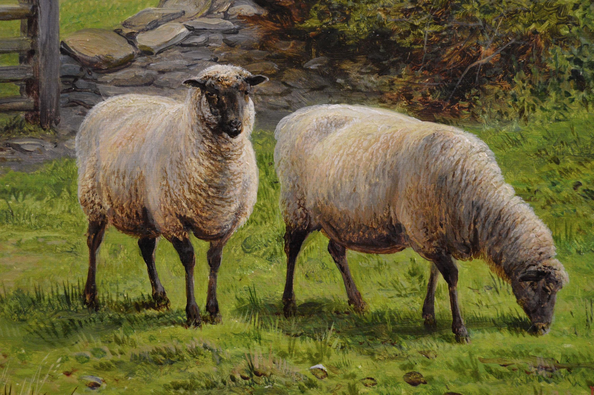 Peinture à l'huile du 19e siècle représentant des moutons près d'une porte de cinq bars - Marron Animal Painting par Charles Jones (b.1836)