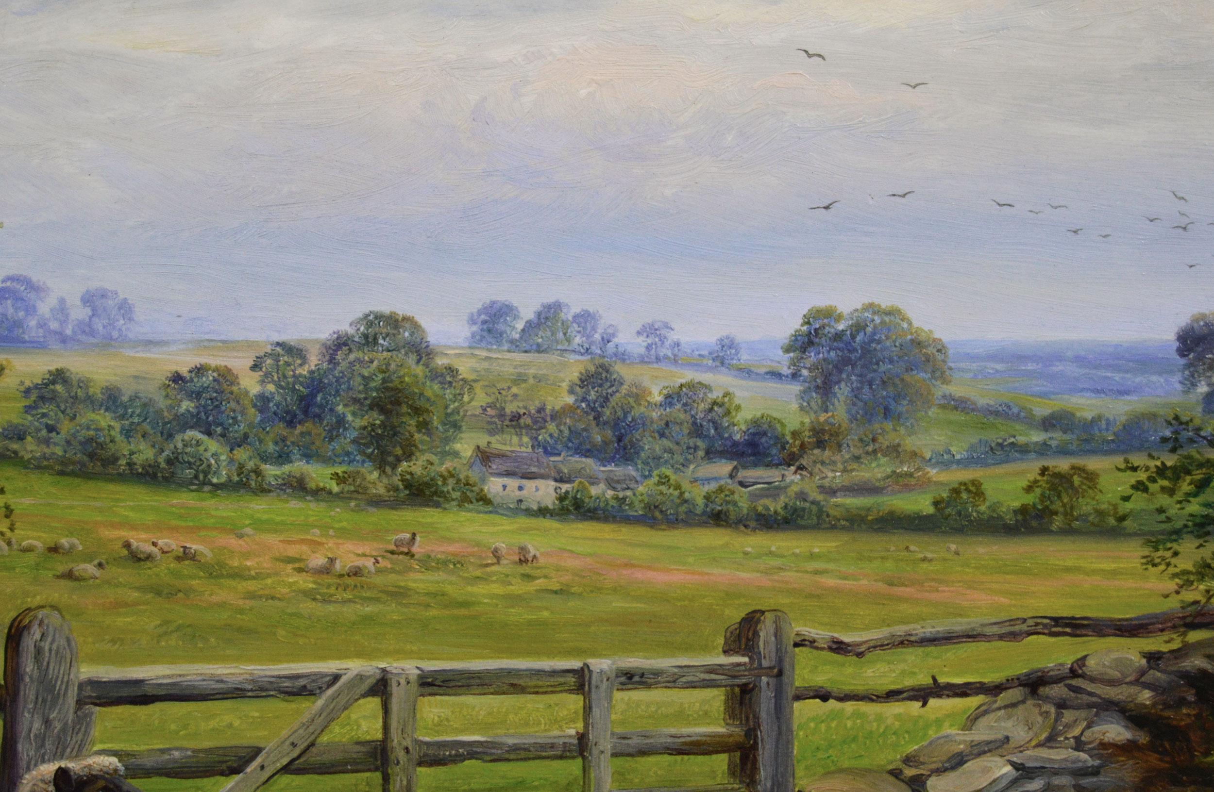 19th Century landscape oil painting of sheep near a five bar gate For Sale 1