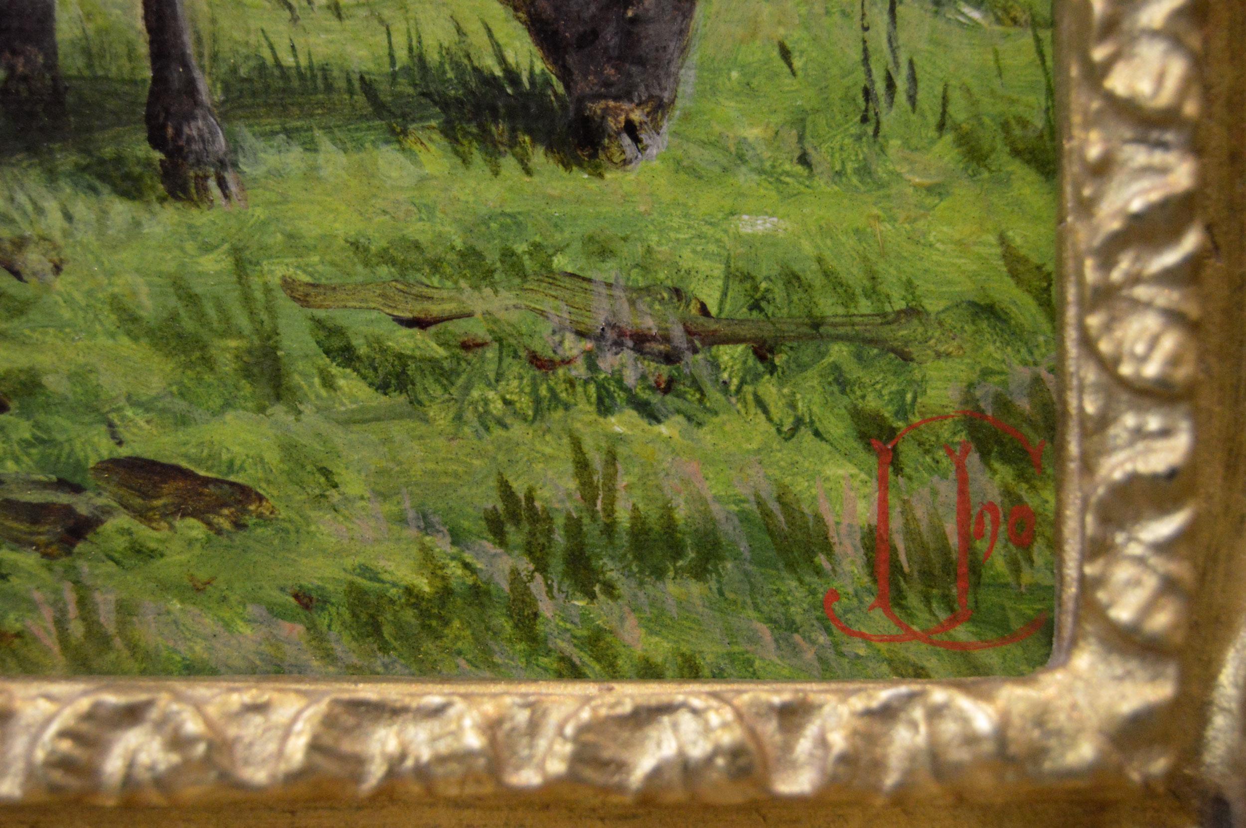 Peinture à l'huile du 19e siècle représentant des moutons près d'une porte de cinq bars 1