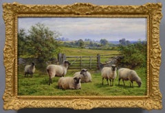 Antique 19th Century landscape oil painting of sheep near a five bar gate