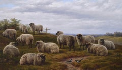 19th Century landscape oil painting of Sheep with Magpies