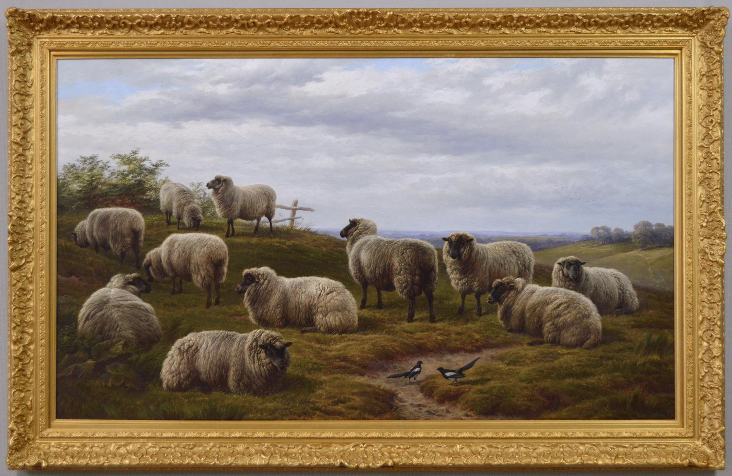 19th Century landscape oil painting of Sheep with Magpies 
