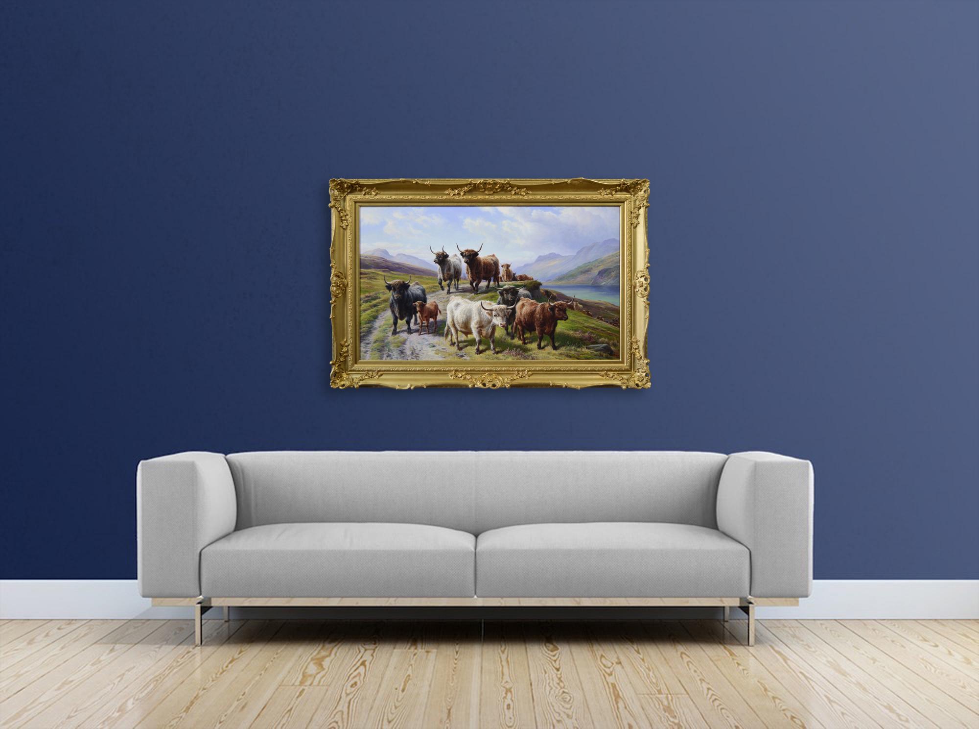 Peinture à l'huile écossaise du 19e siècle représentant la bétail des Highlands au Loch Linnhe en vente 7