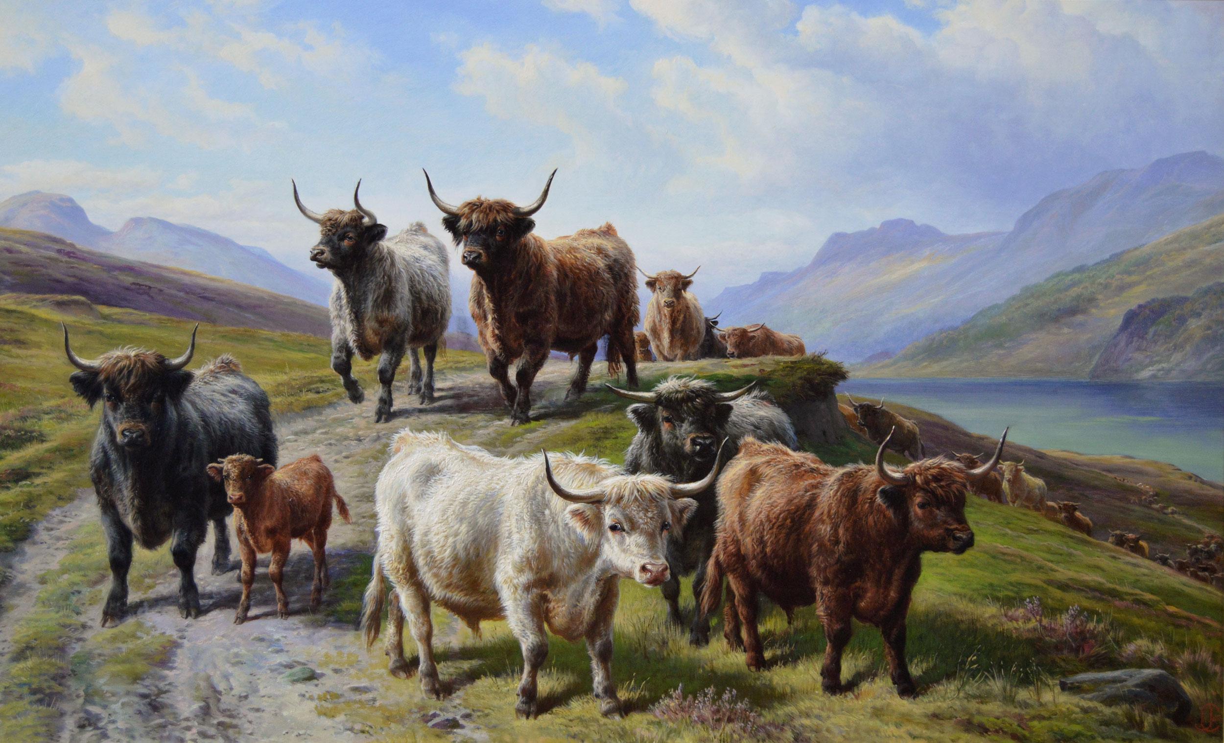 Peinture à l'huile écossaise du 19e siècle représentant la bétail des Highlands au Loch Linnhe - Painting de Charles Jones (b.1836)