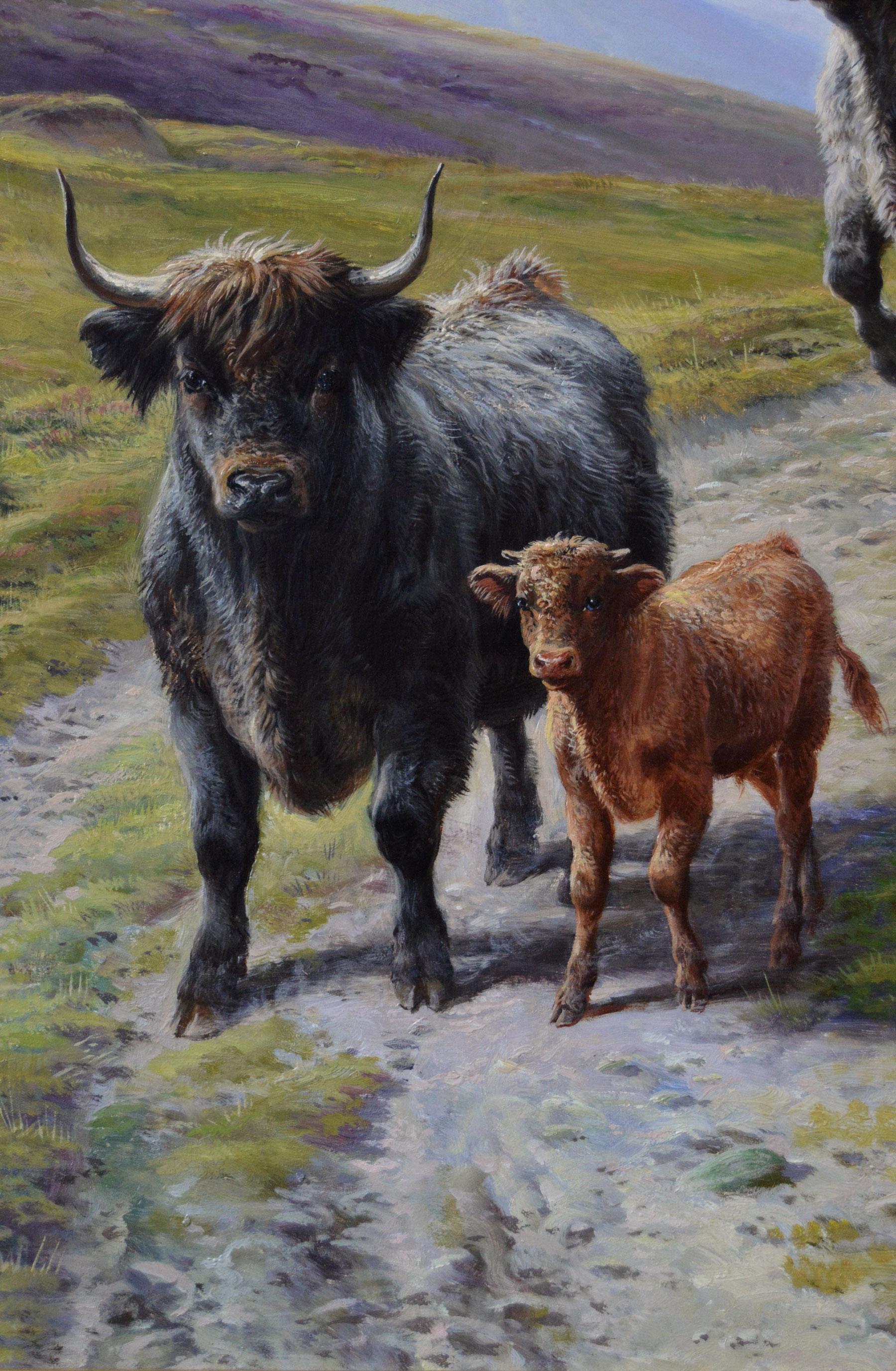 Peinture à l'huile écossaise du 19e siècle représentant la bétail des Highlands au Loch Linnhe - Victorien Painting par Charles Jones (b.1836)