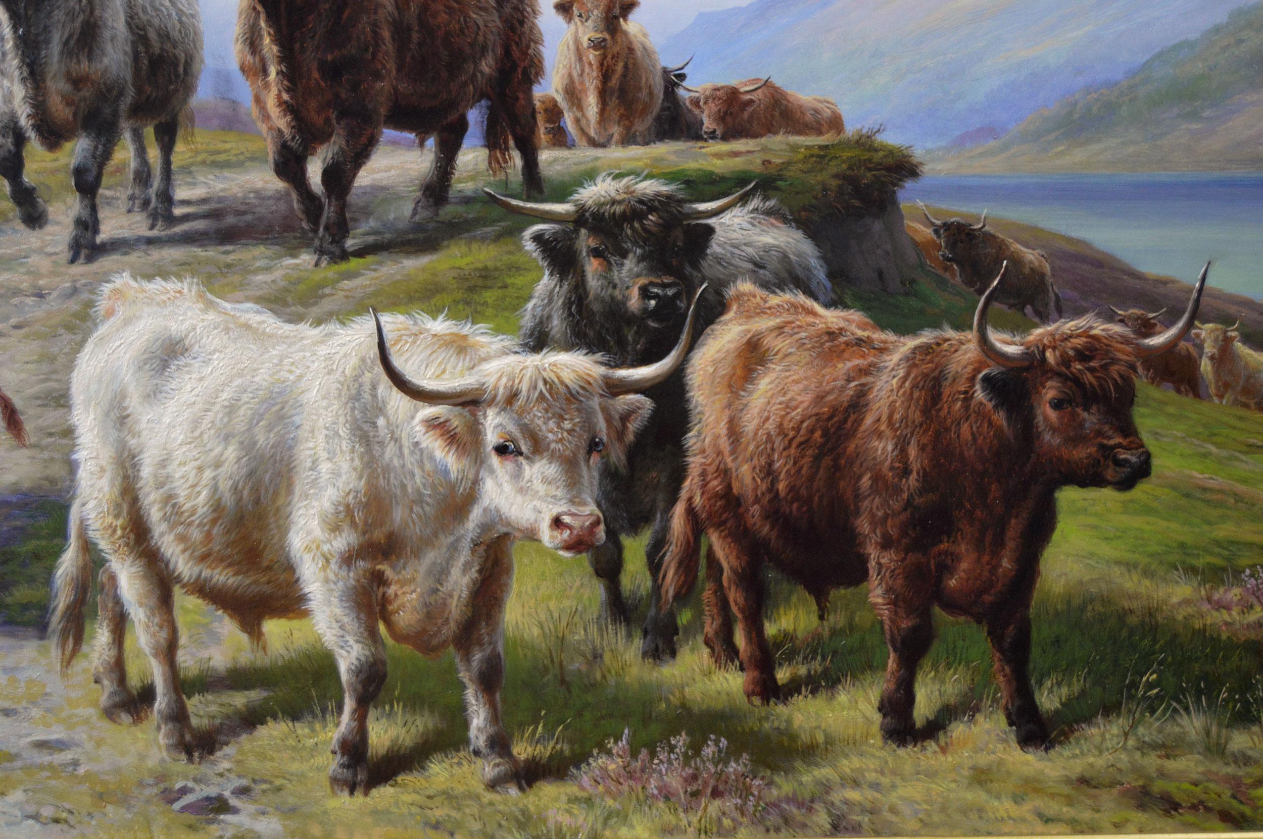 Peinture à l'huile écossaise du 19e siècle représentant la bétail des Highlands au Loch Linnhe - Marron Animal Painting par Charles Jones (b.1836)