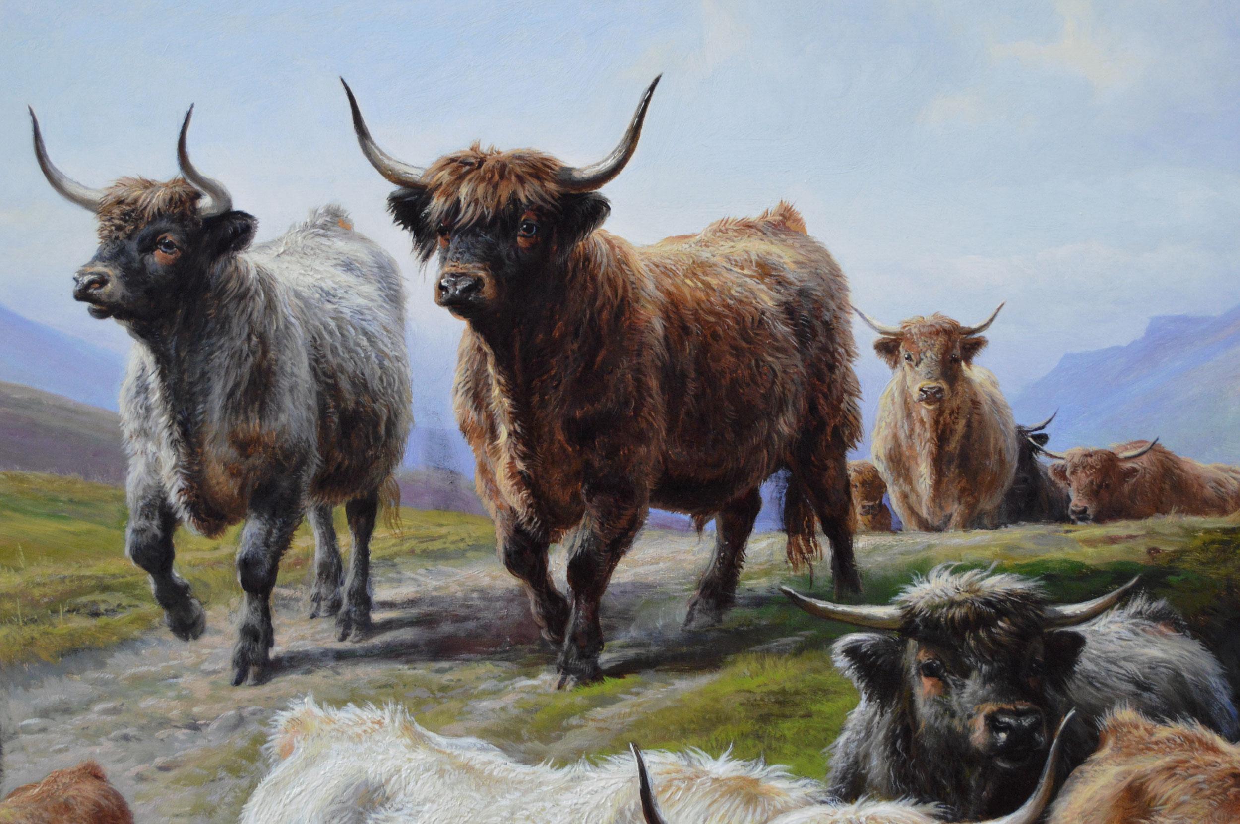 Charles Jones
British, (1836-1892)
Highland Cattle by Loch Linnhe
Oil on canvas, signed with monogram & dated (18)87, inscribed verso
Image size: 23.25 inches x 39.5 inches
Size including frame: 31.5 inches x 47.75 inches

A superb Scottish