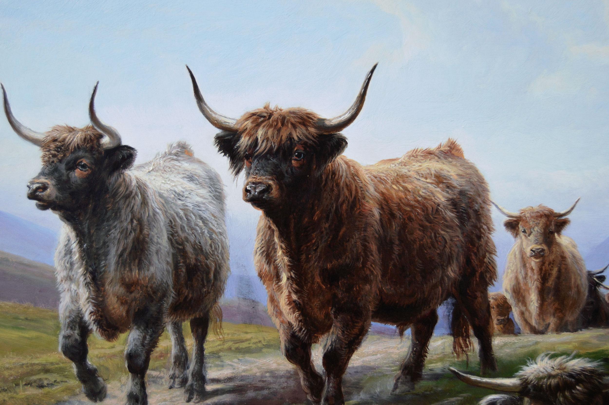 Peinture à l'huile écossaise du 19e siècle représentant la bétail des Highlands au Loch Linnhe en vente 1
