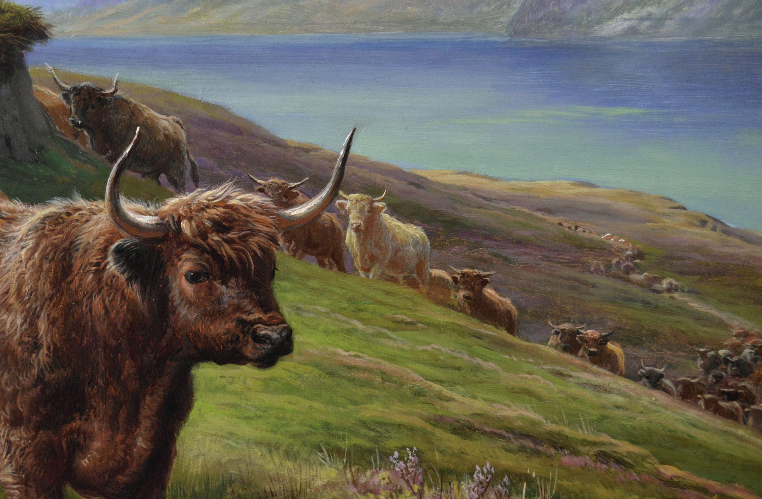 Peinture à l'huile écossaise du 19e siècle représentant la bétail des Highlands au Loch Linnhe en vente 2