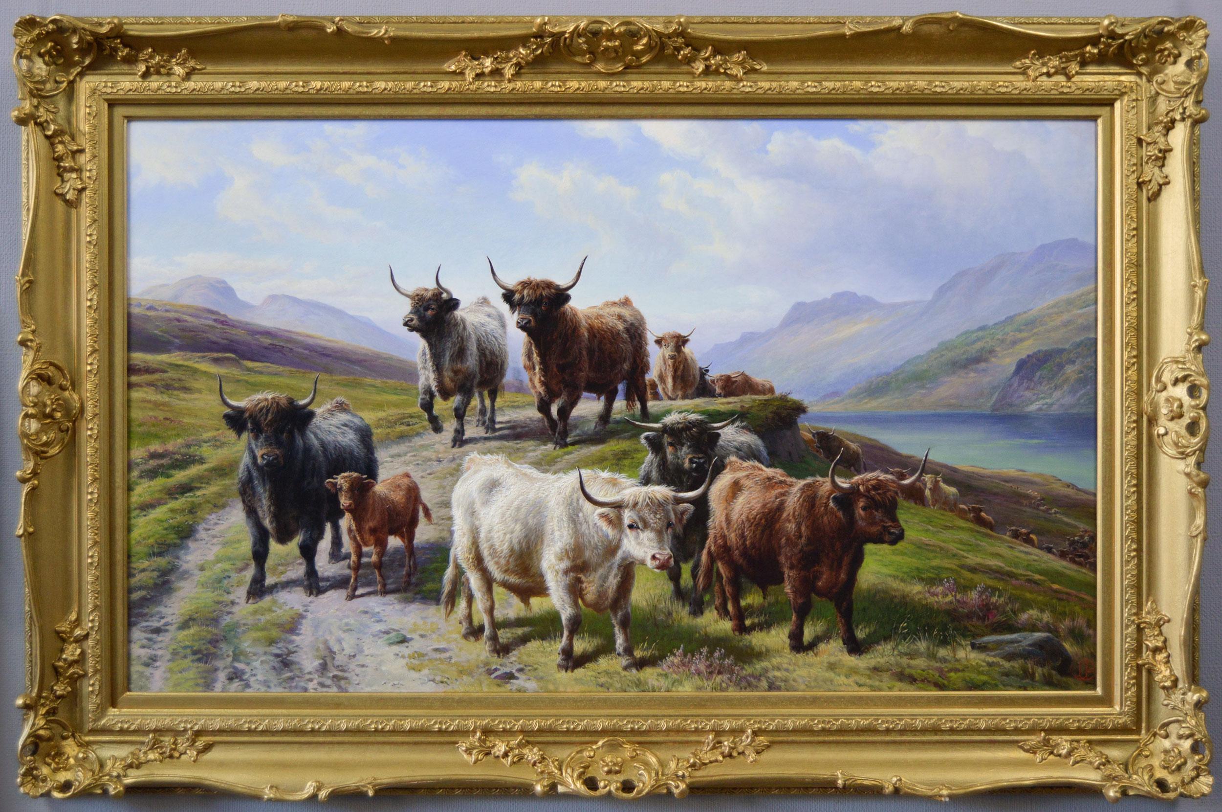 Peinture à l'huile écossaise du 19e siècle représentant la bétail des Highlands au Loch Linnhe