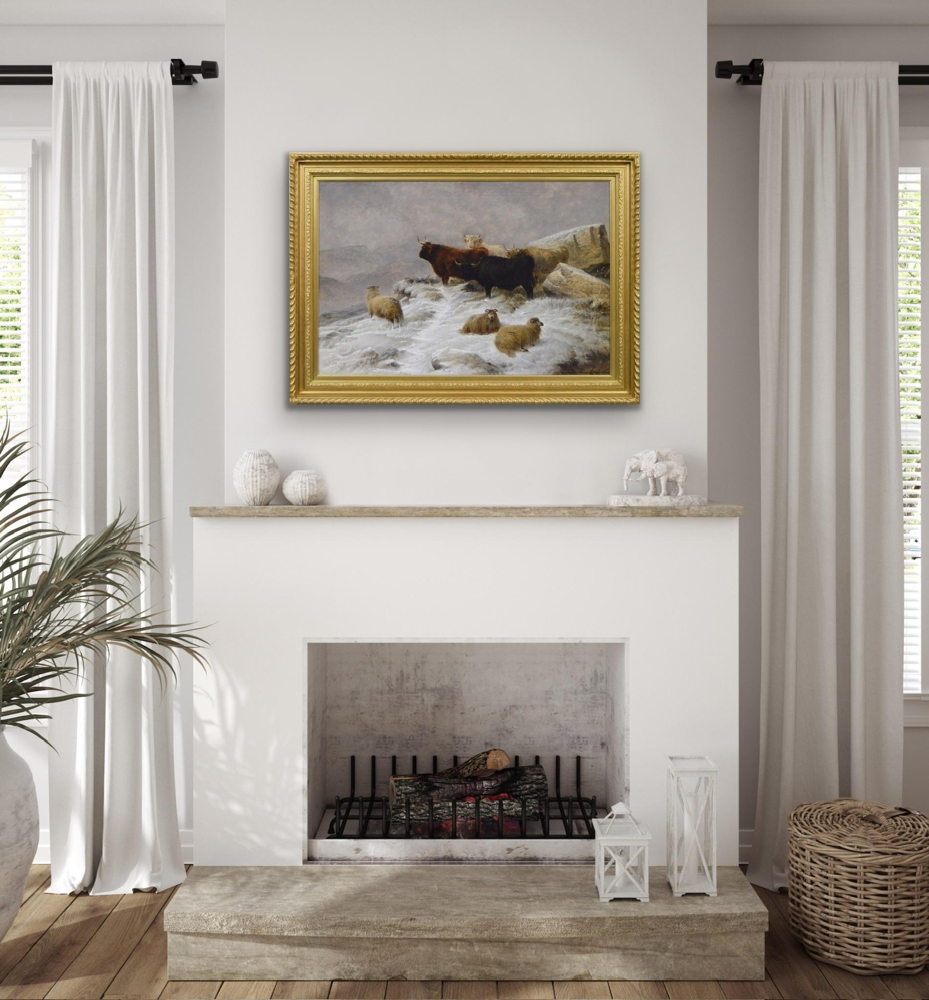 19th Century winter landscape oil painting of Highland cattle & sheep For Sale 5