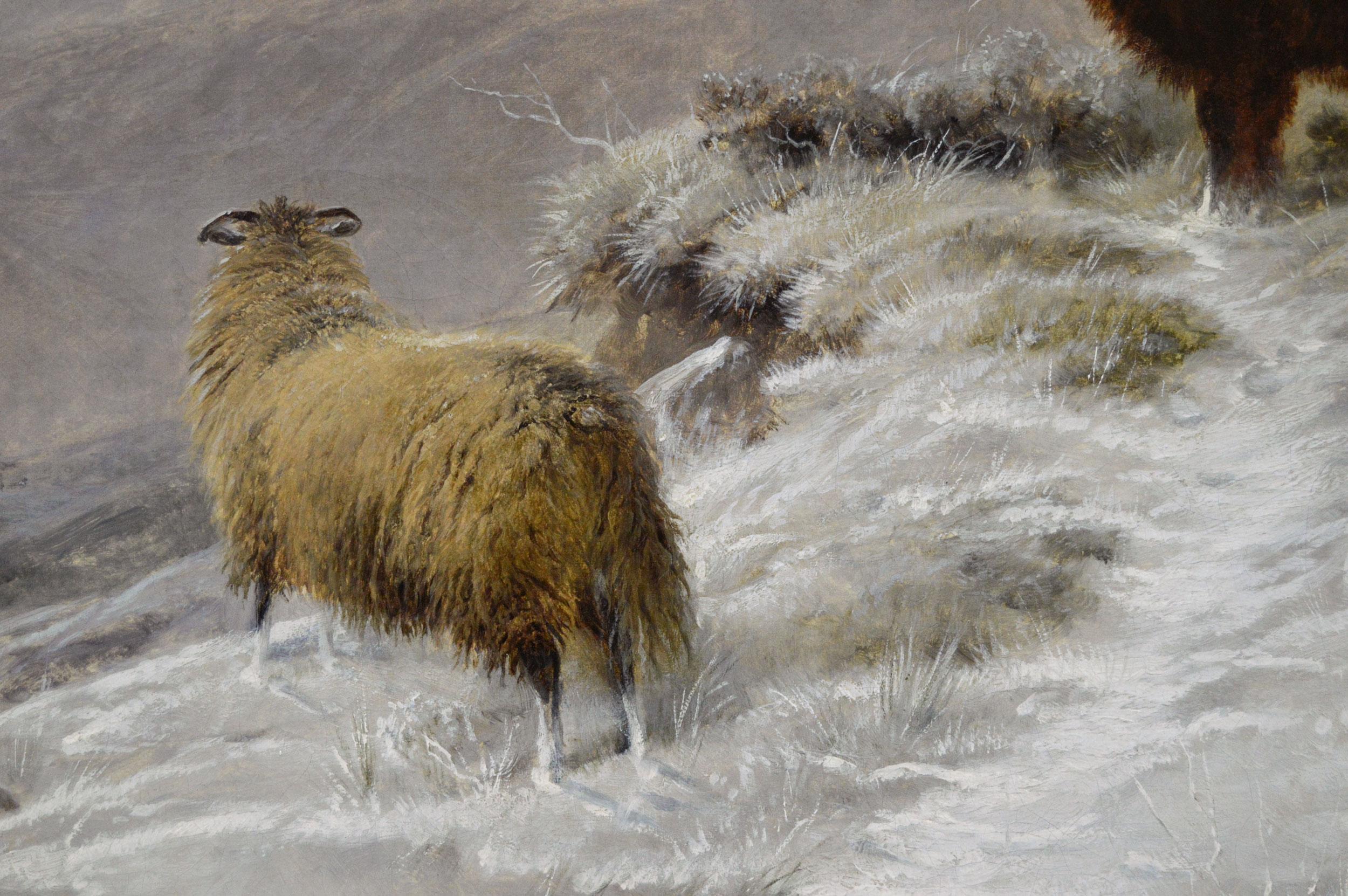 19th Century winter landscape oil painting of Highland cattle & sheep For Sale 2