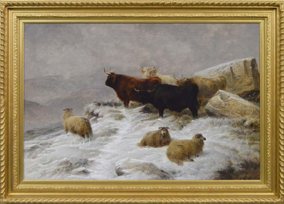 19th Century winter landscape oil painting of Highland cattle & sheep