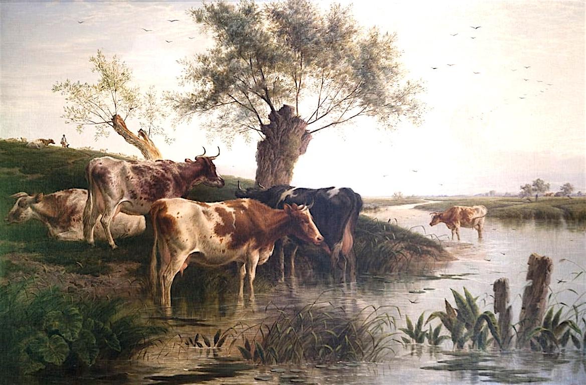 Great oil painting cattles Buffalo drinking in sunset landscape by river canvas
