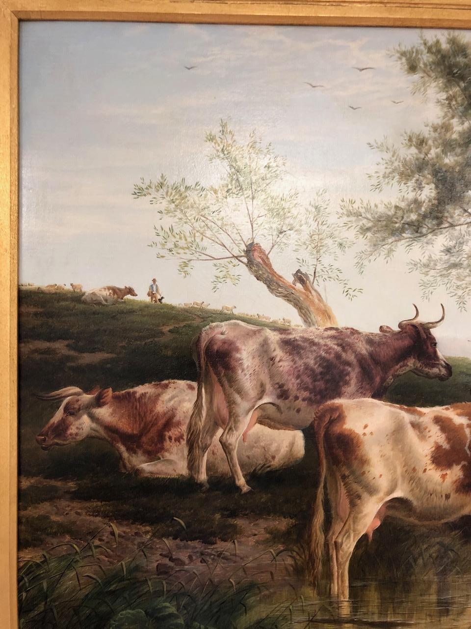 Cattle Watering by Charles 'Sheep' Jones (1836-1892) - Victorian Painting by Charles Jones (b.1836)