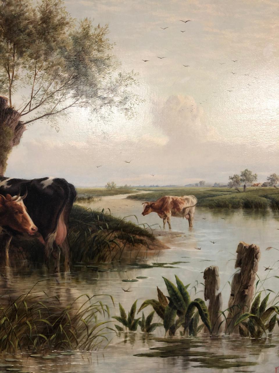 Cattle Watering by Charles 'Sheep' Jones (1836-1892) - Beige Animal Painting by Charles Jones (b.1836)