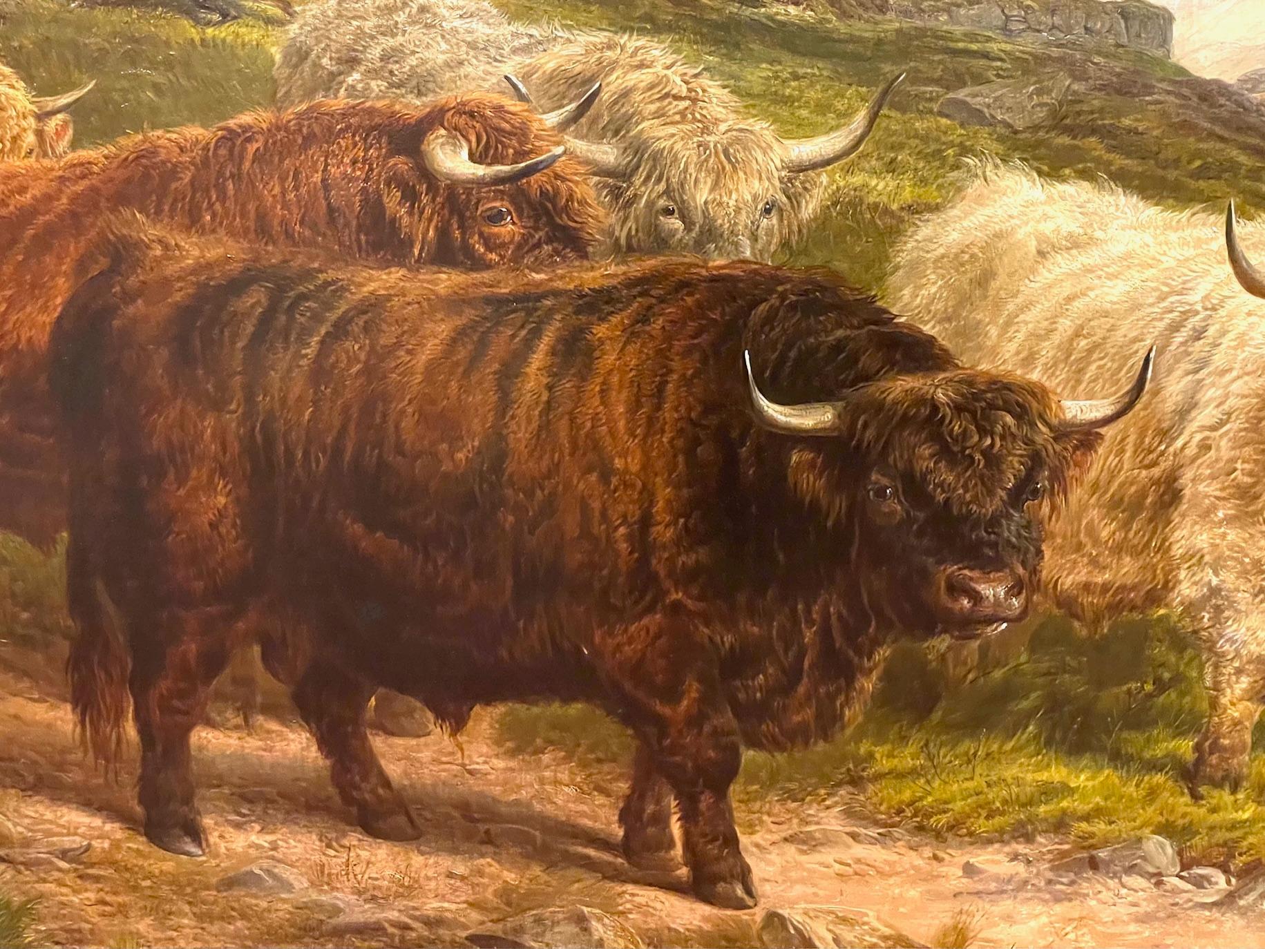 Massive size, this six foot long oil painting by Charles Jones (1836-1902) makes an impression!  Award-winning artist, Jones won the gold medal at the Crystal Palace exhibition in 1890 for his distinctive style depicting animals, particularly cows