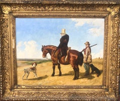 Antique Portrait of a Squire wearing a Beaver Top hat with Game Keeper and Hounds