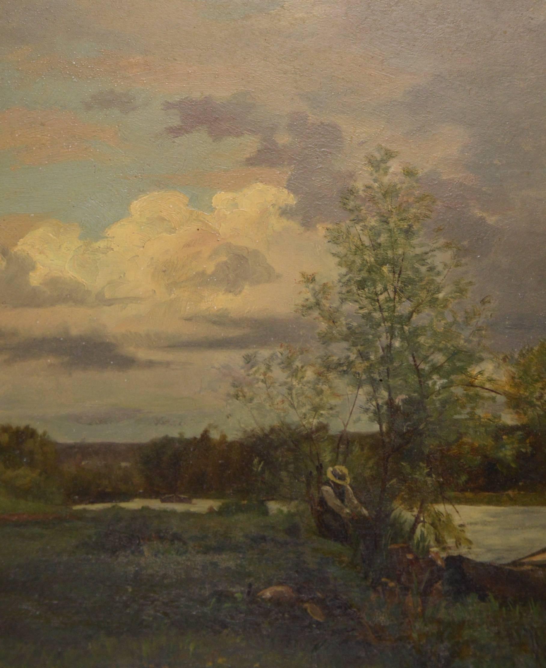 Charles Joseph Beauverie (1839-1924) Barbizon School. Riverscape with a fisherman.
Oil on canvas, 60 x 34 cm (painting), 86 x 63 cm (frame).