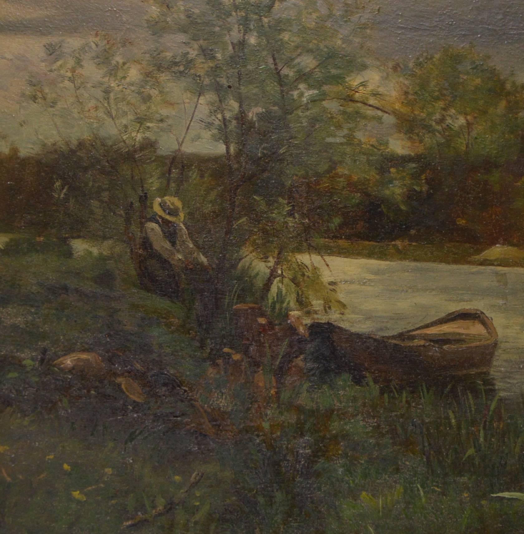 French Charles Joseph Beauverie, Barbizon School Riverscape with a Fisherman